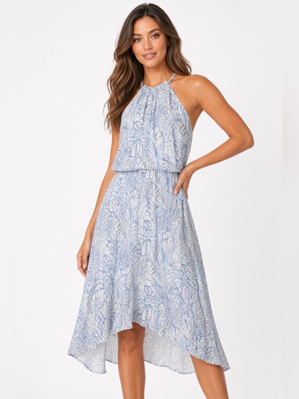 Parker Light Blue and White Halter High-Low Midi Dress